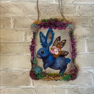 Colorful Fantasy Rabbit Wall Hanging moss nature handcrafted dried flowers